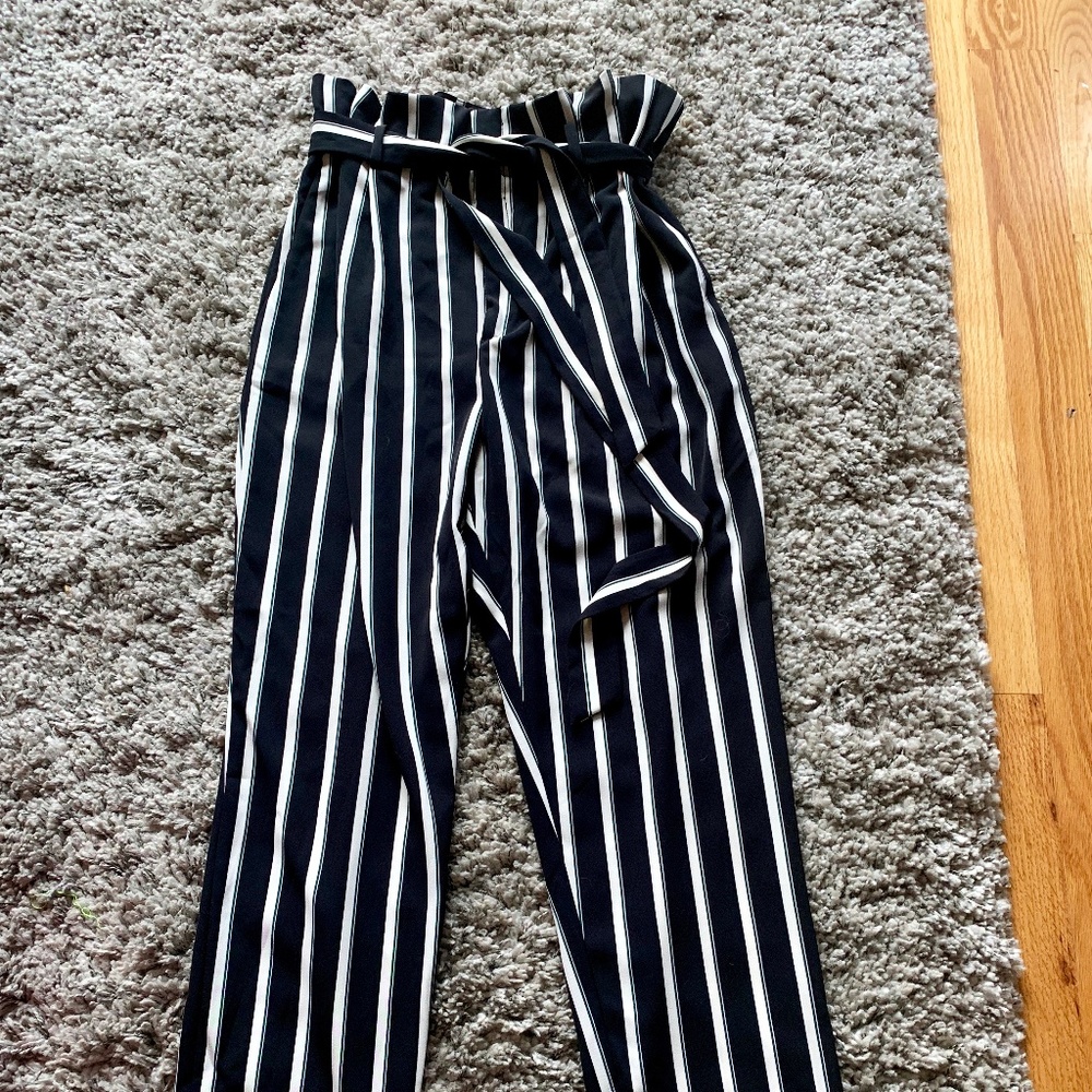 H&M black white striped Paper Bag Pants